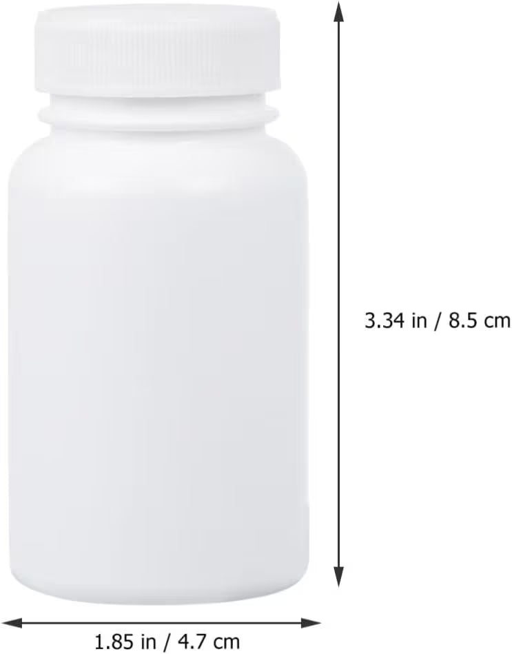 White pill bottle with dimensions labeled on a white background